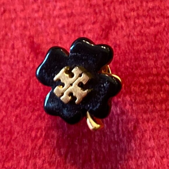 Tory Burch Resin Clover Stud Earrings Black Yellow Gold - Picture 3 of 7